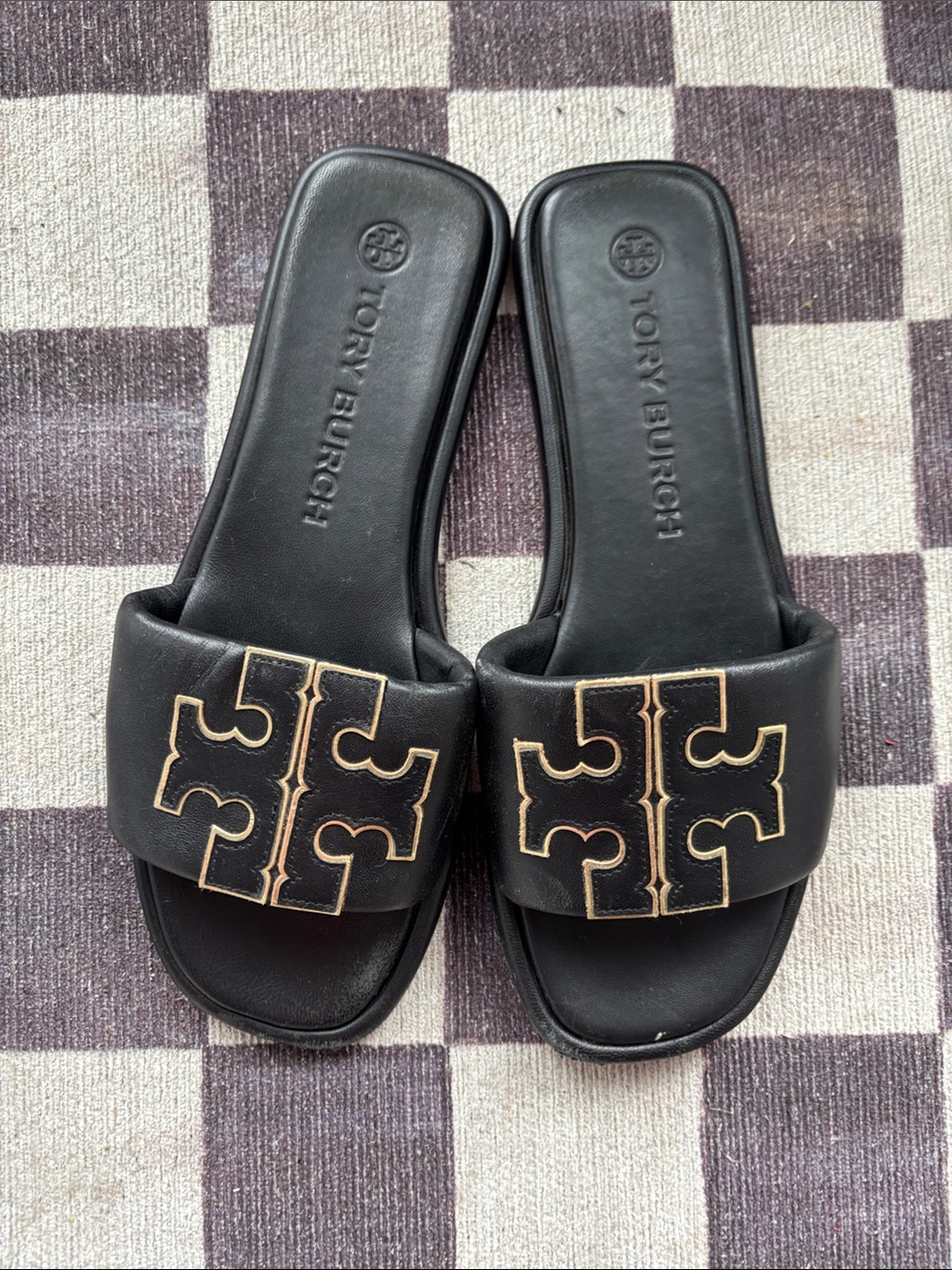 Tory Burch Black Slide Mules with Gold Logo Accent